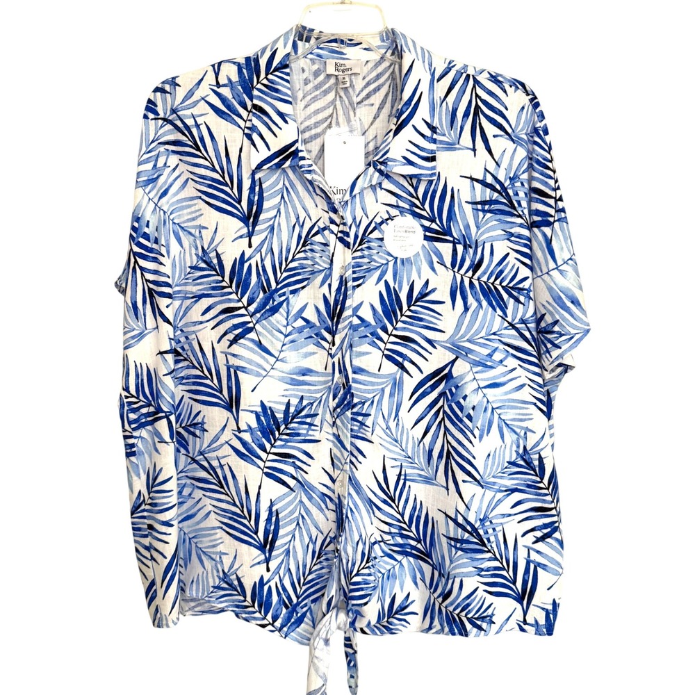 Kim Rogers Womens XL Blue White Tropical Palm Linen Blend Tie Front Button Shirt